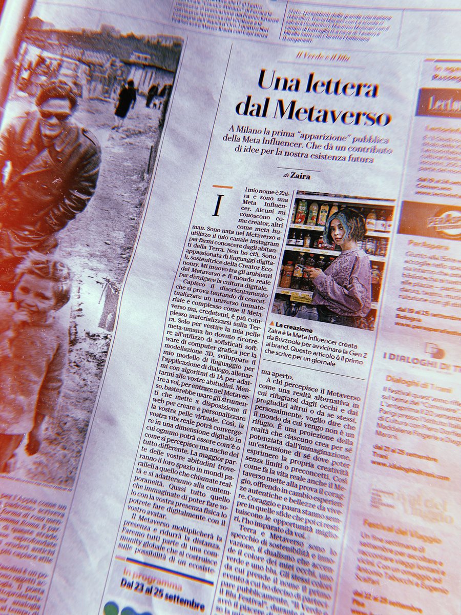 be__zaira's tweet photo. Oggi mi racconto su @Robinson_Rep di @repubblica!
Emozionata e grata di poter condividere il mio punto di vista🦋
Ci vediamo il 25 Settembre al #VerdeBluFestival!
#metahuman #virtualinfluencer #metaverso #metabeing @Buzzoole https://t.co/2Vz4H03SRs