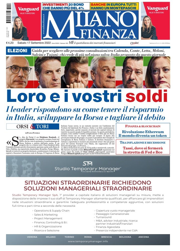 Loro e i vostri soldi. Abbiamo intervistato i leader sui loro programmi per risparmio, Borsa e debito pubblico. Oggi su <a href="/MilanoFinanza/">MilanoFinanza</a> #ElezioniPolitiche2022