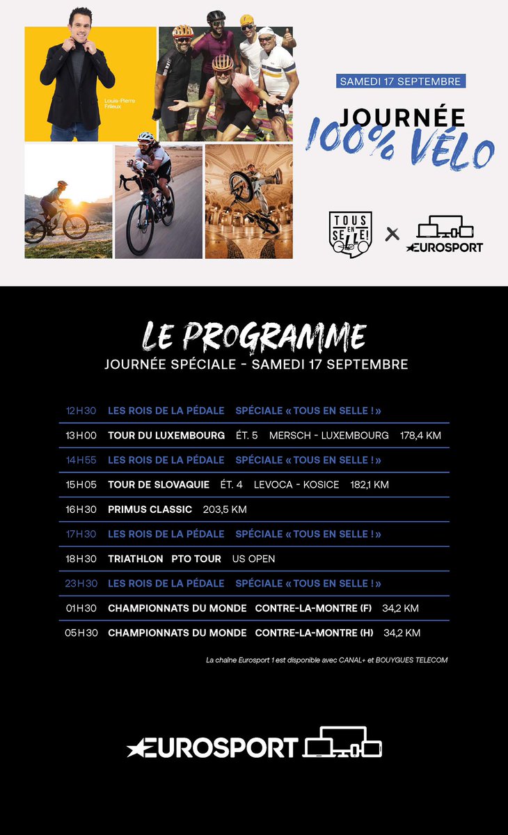 📽️🚴‍♀️ Événements en direct, documentaires et invités spéciaux : RDV dès 12h30 sur <a href="/Eurosport_FR/">Eurosport France</a> pour une journée journée 100% vélo en partenariat avec <a href="/tousenselle/">Tous En Selle</a> ! 

Retrouvez les <a href="/RoisDeLaPedale/">RoisDeLaPedale</a> tout au long de la journée et de la soirée.