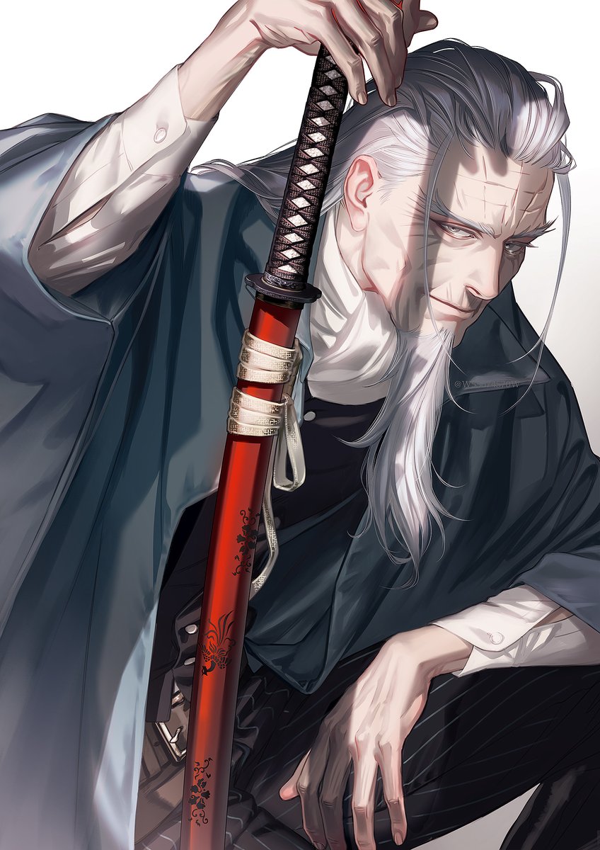 1boy weapon sword male focus solo facial hair katana  illustration images