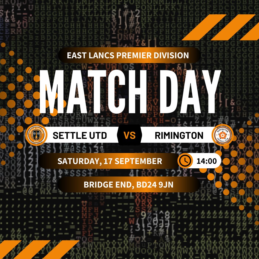 SettleUnited's tweet photo. It’s #MatchDay! ⚽️

1️⃣🆚 @Rimyfc 
⌚️ 14:00 kick-off
🏟 Bridge End, BD24 9JN

Come along and support your local grassroots side #SUAFC ⚽️🧡🖤 https://t.co/m2nmzFXEvR