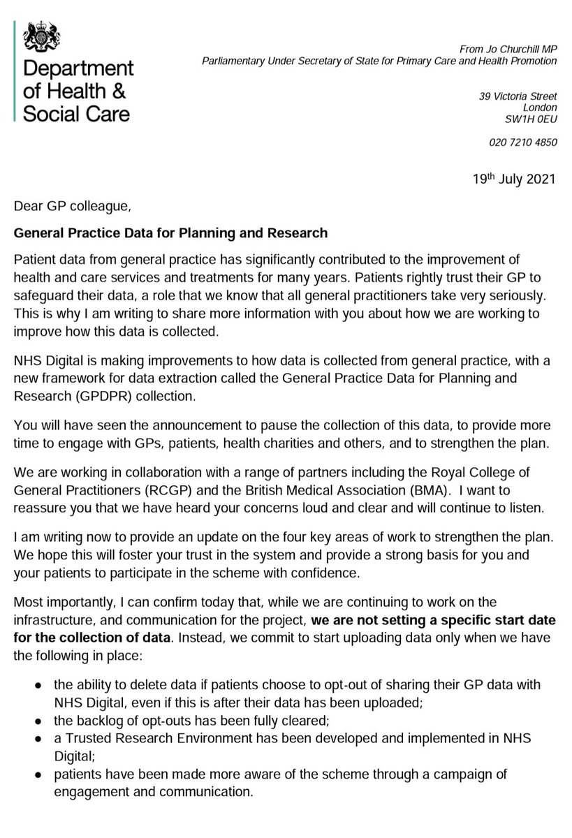EinsteinsAttic's tweet photo. ...and over a year after Jo Churchill indefinitely postponed the start date for  #GPdata extraction:

https://t.co/PBEAW2Lwcz

...and despite "assurance groups" and a tsunami of #data/#digital 'strategies' and papers, we await sign of ANY of the three main tests having been met: https://t.co/tfIz4tGOuC