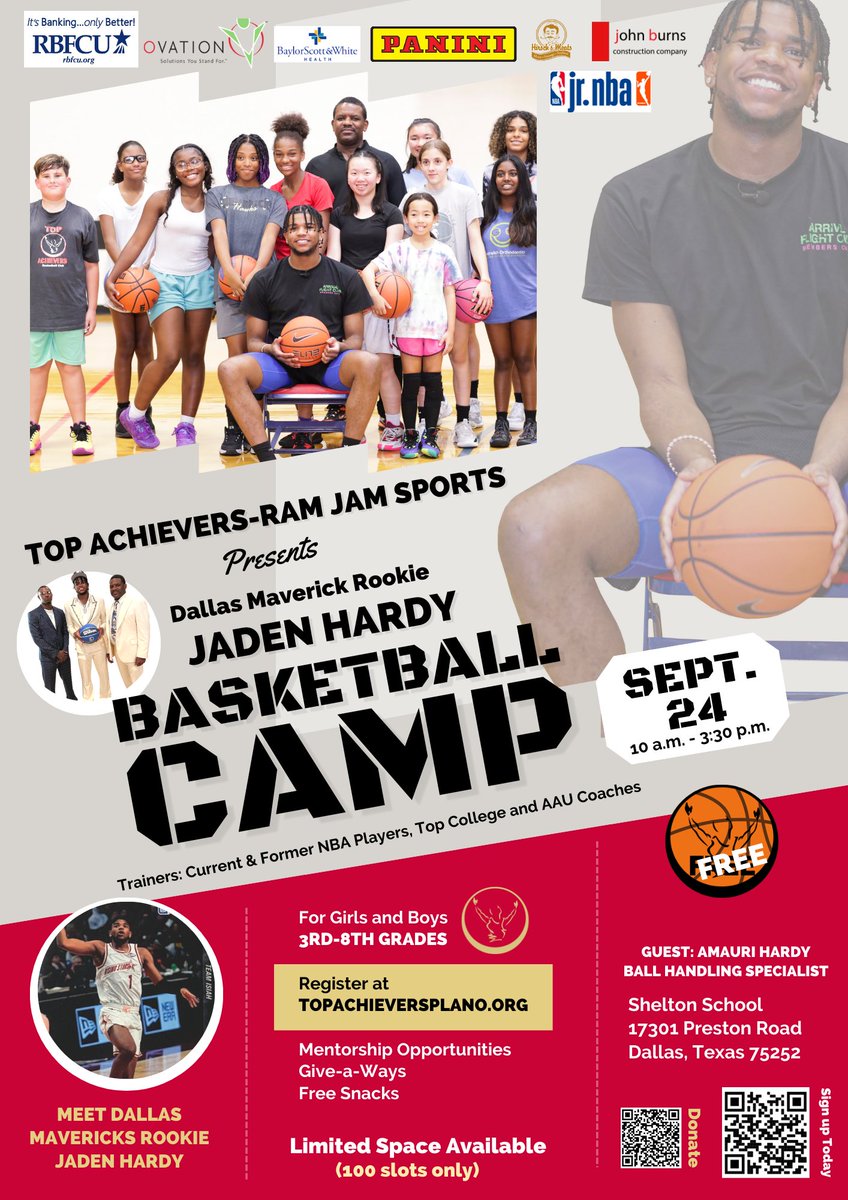 PLANO, TX – Sept. 16, 2022 – Dallas Mavericks’ 2022 draft pick Jaden Hardy will host a free basketball
camp for local youth in grades 3-8 on Sept. 24 organized by Plano-based Top Achievers Foundation. The camp is scheduled for 10 a.m. – 3:30 p.m. at Shelton School.