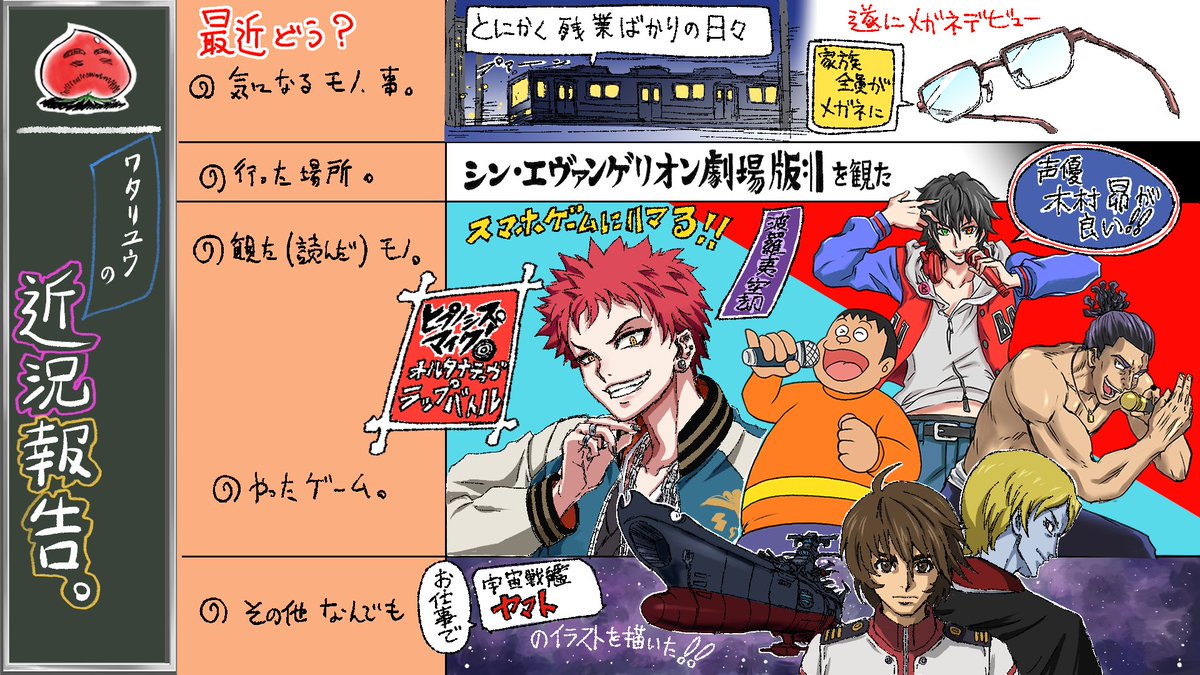 このあと20時からニコ生にて
『企画会議と言う名の…』をお届けいたします。
去年の10月_11月合併号の近況も出てきたので
正確には10か月ぶりの通常版の企画会議です。
よろしくお願い致します🎵

そして以前の近況イラストもペタリ…。
凝ったのからざっくり描きまで色々
今回のは…是非お確かめを♪ 