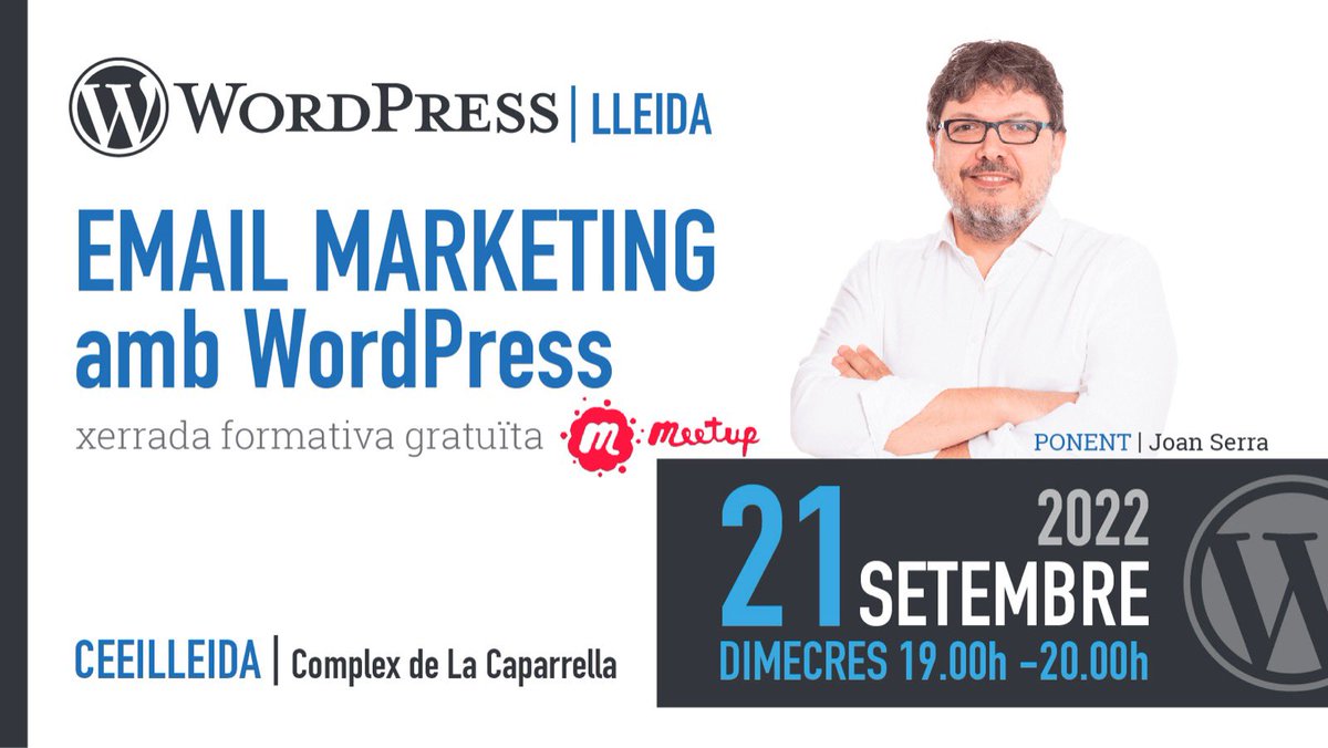 WPLleida's tweet photo. Tornem amb les meetups presencials! El proper dimecres, una xerrada sobre eMail Marketing amb #WordPress 
Apunta’t! https://t.co/oZYNpSlkxo 
 #lleida #meetup #emailmarketing #wplleida https://t.co/rCq7gatYRh