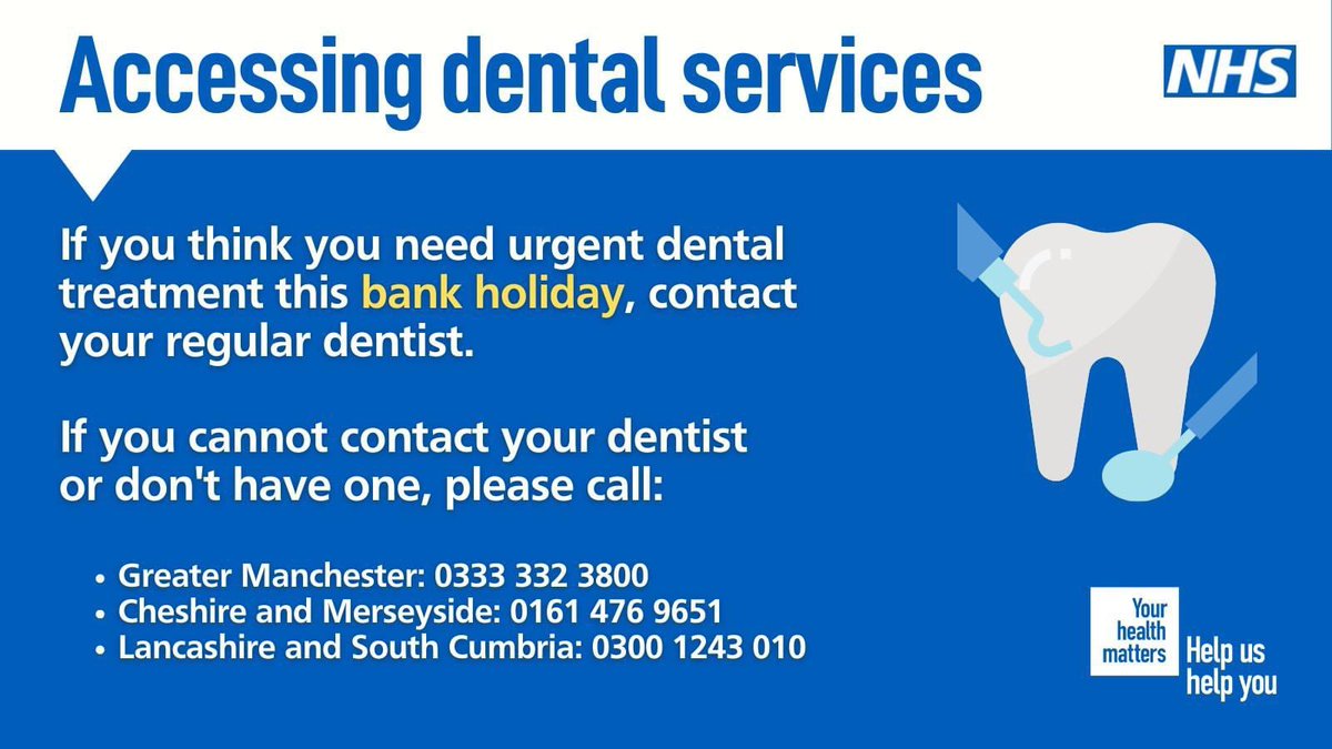 SurgeryView's tweet image. If you think you need urgent dental treatment this bank holiday, contact your regular dentist. 

If you cannot contact your dentist or don&apos;t have one, please call:
Lancashire and South Cumbria: 0300 1234 010