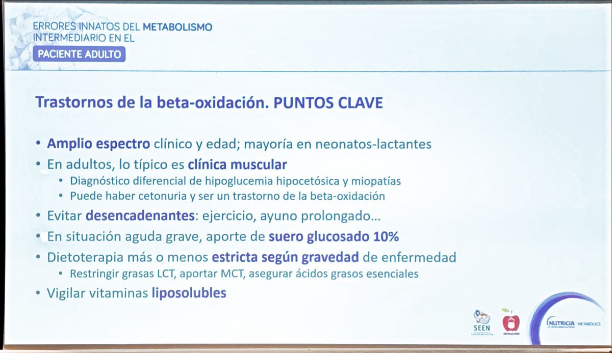 ElenaDF75's tweet photo. Curso #EIM @sociedadSEEN @NutriSeen
@doutorpita Trastorno #BetaOxidación
Acúmulo de Acilcarnitinas y deplección de Acetil-CoA
-Hipoglucemia hipocetosica
- Miocardiopatía
-Miopatía
#CPTII forma adulto: causa más frecuente de rabdomiolisis hereditaria
@Aecom_EIM https://t.co/RmIiaKHhu1