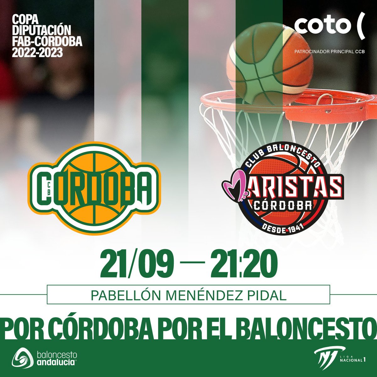 CordobaCB's tweet photo. ⛹🏾¡EMPEZAMOS! Copa Diputación FAB - Córdoba 2022/2023. #CotoCórdobaCB se pone en marcha en el derbi cordobés ante @cbmaristascor 
---
🏀Miércoles 21.
⏰ 21:20h
📍Pabellón Menéndez Pidal.
---
¡Será fantástico que vengas! #GanamosJuntos somos #CCB #PorCórdoba #PorelBaloncesto https://t.co/ZTfUIRYlqe