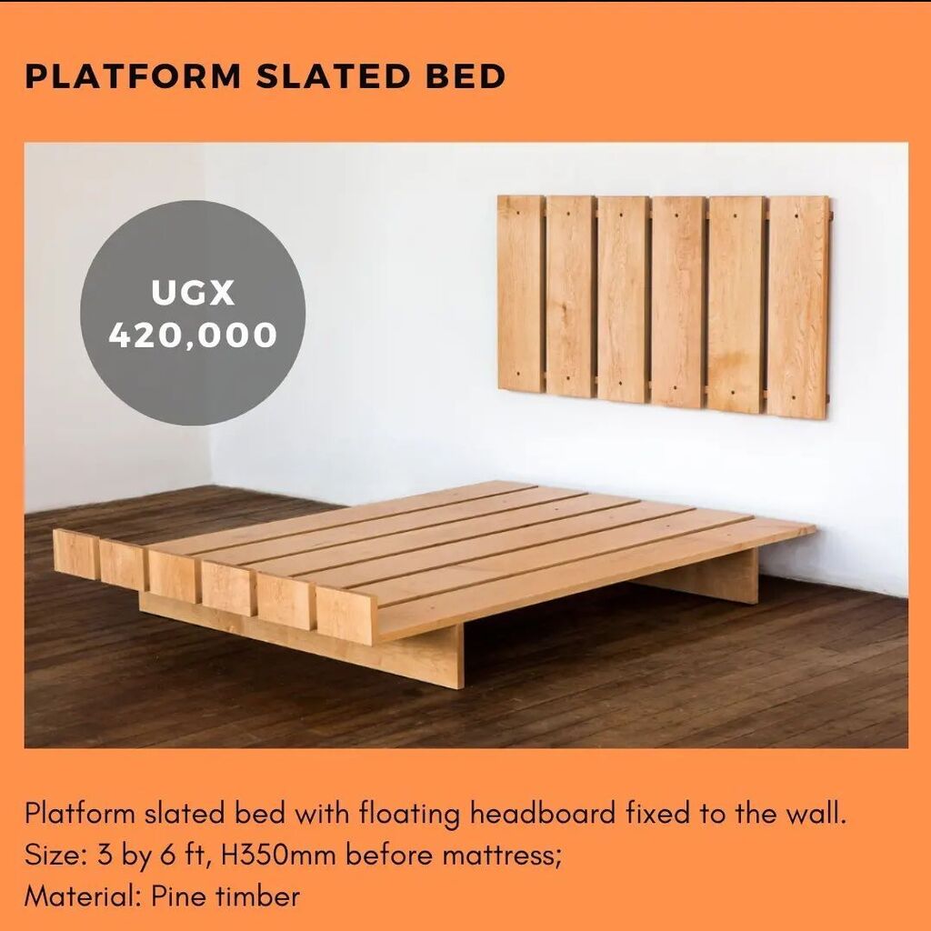 This bed!

Comes in different sizes and two material options.

PINE timber (softwood, as seen in the photos)
size - Ugx
3x6 = 420,000
4x6 = 499,500
5x6 = 610,000
6x6 = 695,000

TEAK timber (hardwood)
size - Ugx
3x6 = 660,000
4x6 = 780,000
5x6 = 800,000
6… instagr.am/p/CimfrHqrA6U/