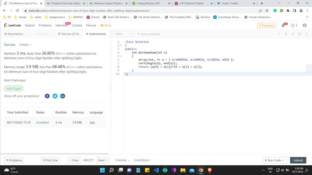 llDarkwayll's tweet photo. Day 79 of 100 Days of Code Program by
@CodeinCommunity

, Supported by
@MinutesCoding

Ques1:Minimum Sum of Four Digit(Leetcode)
Code link:https://t.co/PKoRbzblEb
Discord:https://t.co/S4dOkeJfQi

#100daysofcodechallenge #codeincommunity #codein100daysofcode #100daysofcode #coding https://t.co/FjZtMPEXl0