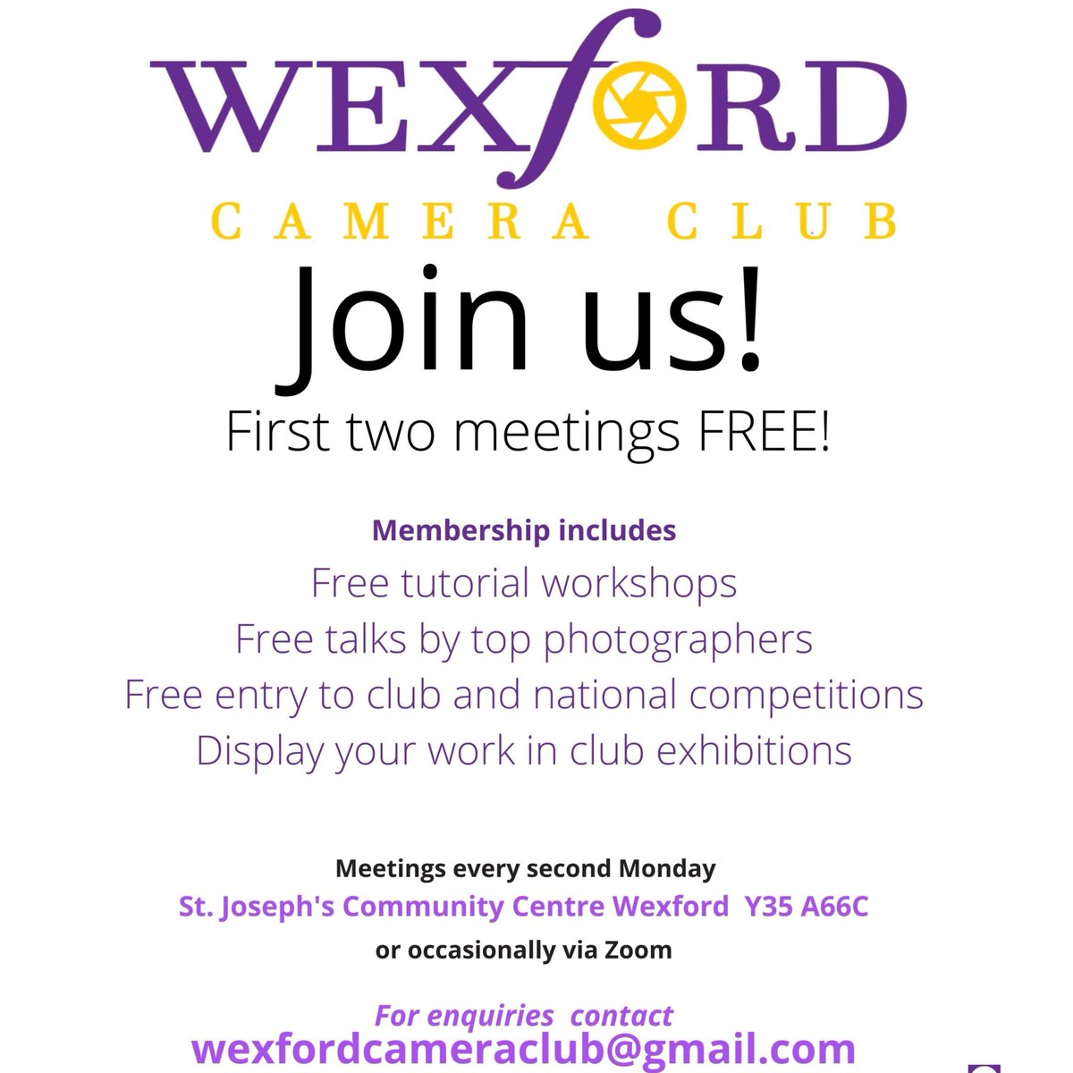 Fancy learning something new this term? Or going back to an old hobby? Join The Wexford Camera Club every second Monday!
#joinus #cameraclub #wexfordcameraclub #visitwexford #whatsoninwexford #wexford #photographyclub #photography