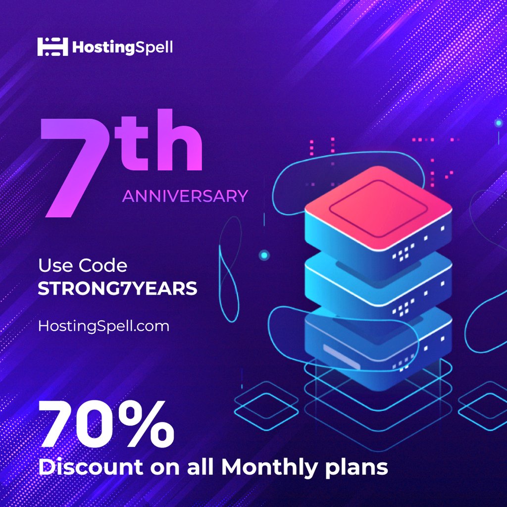HostingSpellcom's tweet photo. We are now 7! 🎂🥳🥳
Get FLAT 70% DISCOUNT on FIRST MONTH SIGN UP for all plans!
Use Coupon Code: STRONG7YEARS
*Offer is valid for all plans available on https://t.co/K5eJS0bjfg with monthly billing cycle. Discount is one time available for unlimited per user.
#HostingSpell https://t.co/5ru9mOmD6p