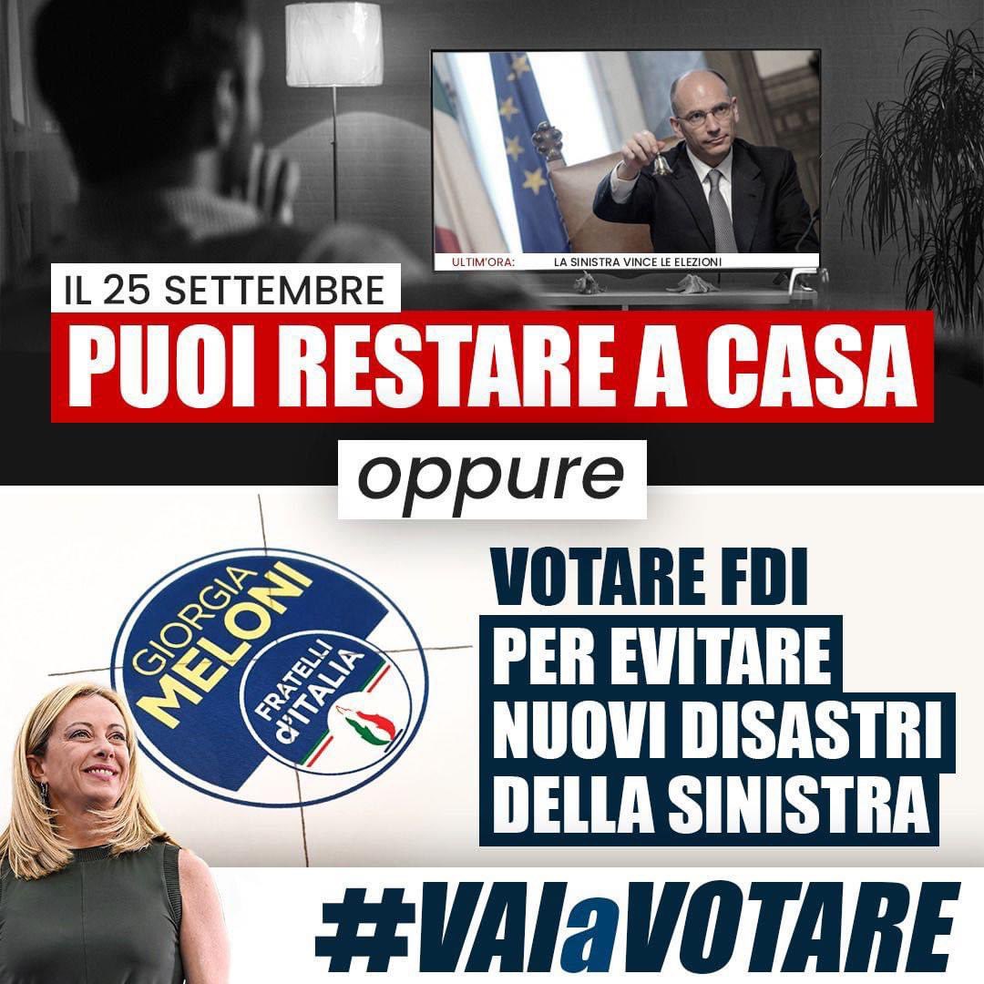 FratellidItalia's tweet photo. 🔵 Altri 5 anni di sinistra al potere, significano altri 5 anni in cui le priorità degli italiani verranno messe ancora da parte. Non permetterglielo.
#VAIaVOTARE
#votaFDI ���#Meloni https://t.co/3EqYxXqiyb