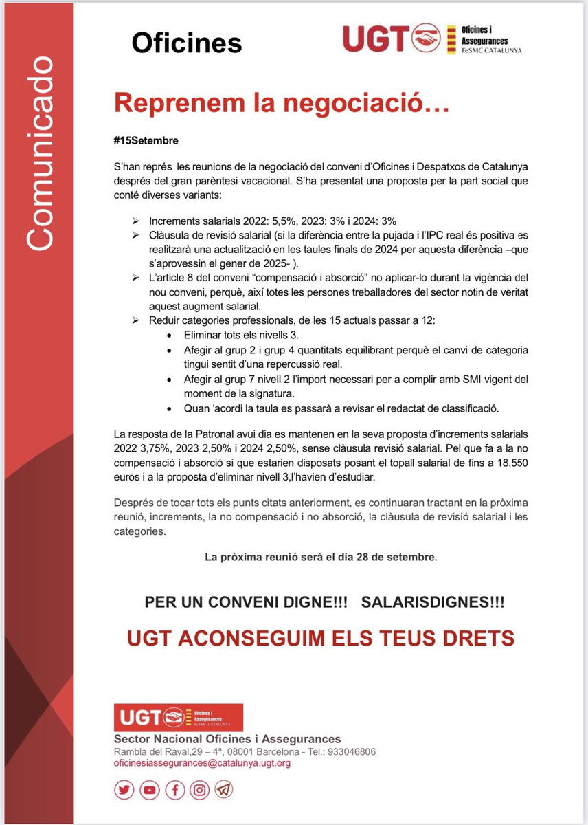 OficinesFeSMC's tweet photo. Comunicat de la negociació del conveni d’Oficines i Despatxos de Catalunya ##SalarioConflicte #SalariooConflicto #UGTDretsReals #UGTDerechosReales https://t.co/BujbeaTx86