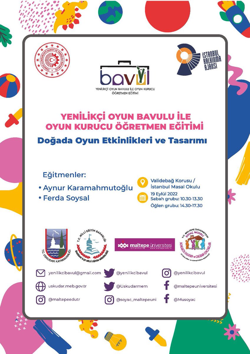 #istka hibe desteği ile hayata geçirilen Yenilikçi Oyun Bavulu Projesi kapsamında öğretmenlerimize yönelik "Doğada Oyun Etkinlikleri ve Tasarımı" eğitimi Validebağ Korusu ve İstanbul Masal Okulunda gerçekleştirilecektir.

<a href="/sinan_umem/">Sinan Aydın</a> 
<a href="/UskudarKaymakam/">Üsküdar Kaymakamlığı</a> 
<a href="/istkaorgtr/">İSTKA</a> 
<a href="/soyac_maltepe/">SOYAÇ</a>
