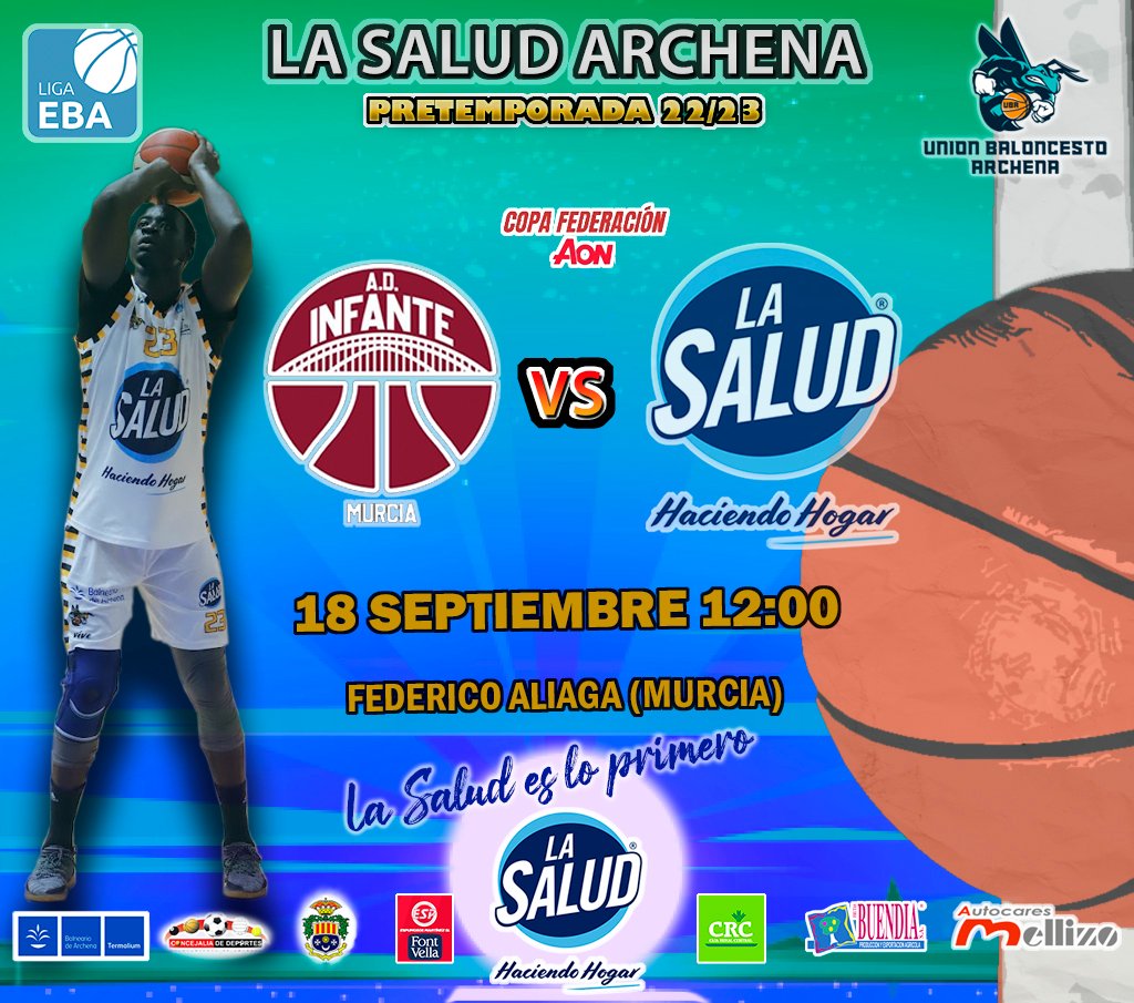 ubarchena's tweet photo. 📌¡Copa AON !📌
🏀Nuestro @LaSaludLimpieza Archena arranca este domingo 18 en casa de @ad_infante, a las 12:00, su andadura por la #CopaAON de la Federación de Baloncesto de la Región de Murcia.🏀
💪¡Vamos a por todas!💪
💙🤍
#ArchenaEsBasket #LaSaludEsLoPrimero https://t.co/KRoWiiy9RT