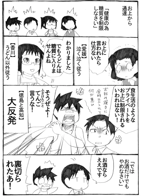 先日しぞーか県民様から頂いたコメントより、描かせて頂きました。
ありがとうございました!

#うちのトコでは #うちトコ #四国四兄弟 #県民性 