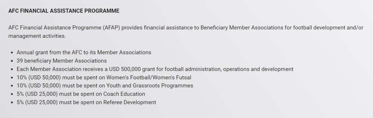 SandynoneM's tweet photo. AFC gives a grant of USD 50,000. FIFA also gives USD 50,000 as I understand for the development of women's football. 
That is a total of USD 100,000. 
Still #IndianFootball struggles to do proper leagues and develop ecosystem.
Bangladesh/Nepal used this well.
Makes a difference. https://t.co/zjOvr0ify1