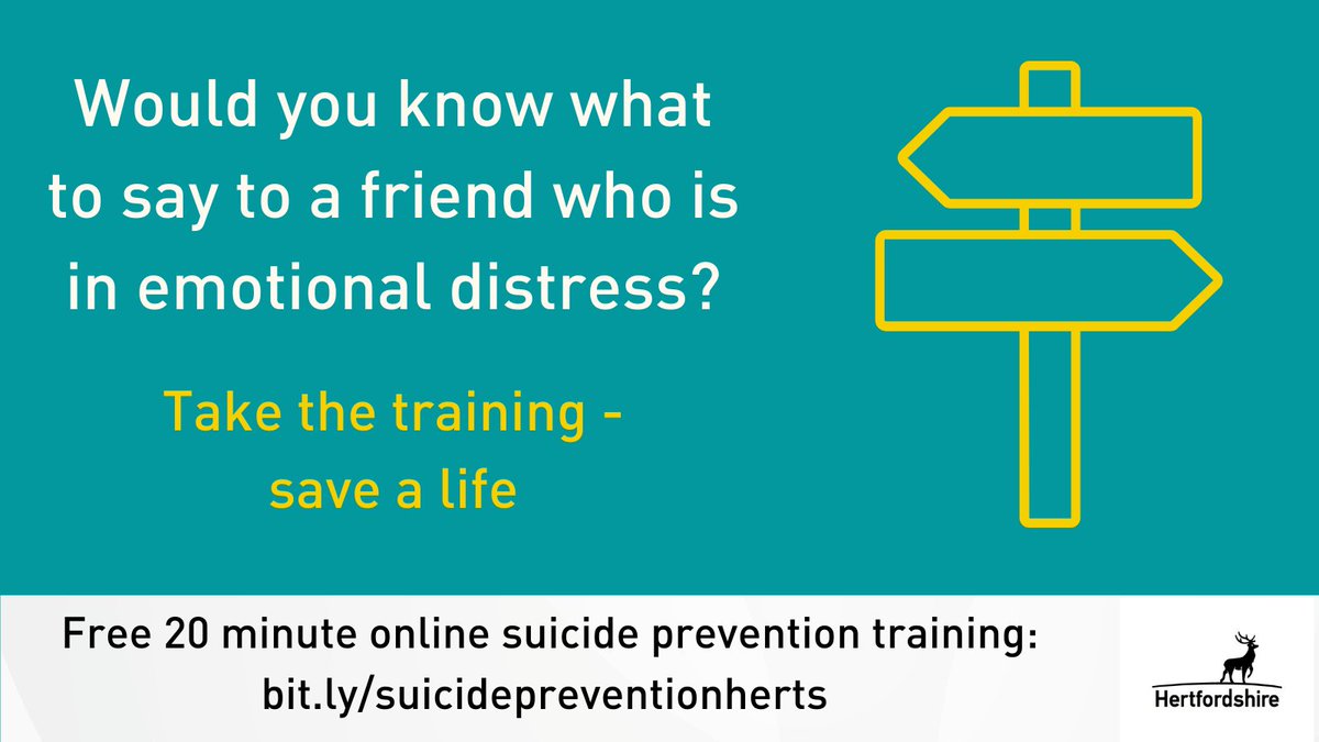 SpotSignSuicide's tweet photo. It’s OK to talk about suicide. 

We can all be there for someone in their time of need.  

Take this free 20-minute online training to find out how you can stop someone taking their own life: https://t.co/mCbeZMNA0z 

#suicidepreventionherts #smashthestigma https://t.co/Az98C0MRvG