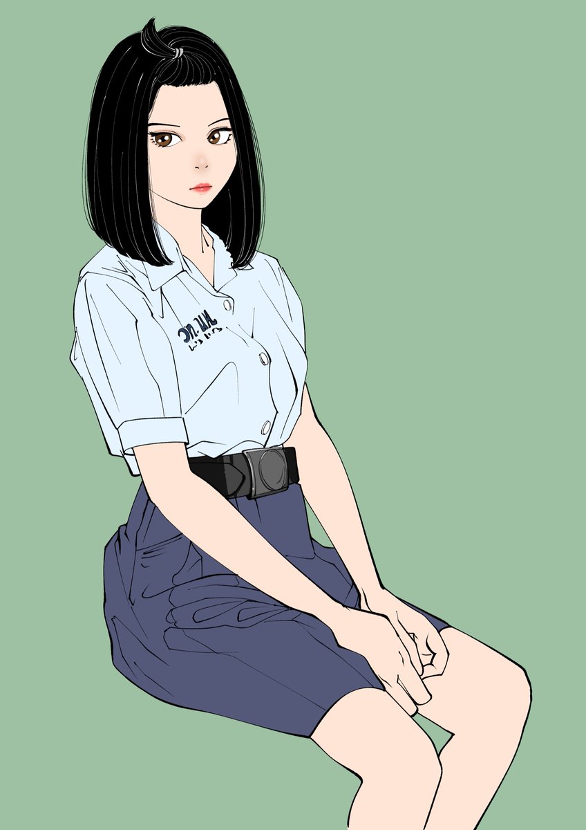 1girl solo black hair shirt skirt simple background shirt tucked in  illustration images