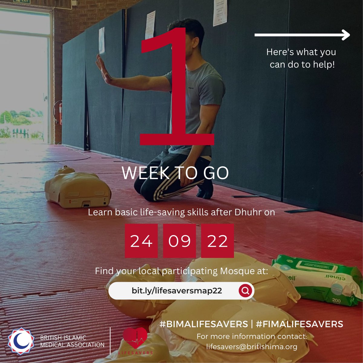 BritishIMA's tweet photo. Just 1 WEEK TO GO until BIMA Lifesavers 2022! 📅

Here's 3 simple steps to help:
Find your local participating Mosque on https://t.co/Z64TI0YRXK
Share with friends &amp; family 
Learn BLS together &amp; multiply the reward of saving a life 

#BIMALifesavers #FIMALifesavers https://t.co/lMSafngUqD
