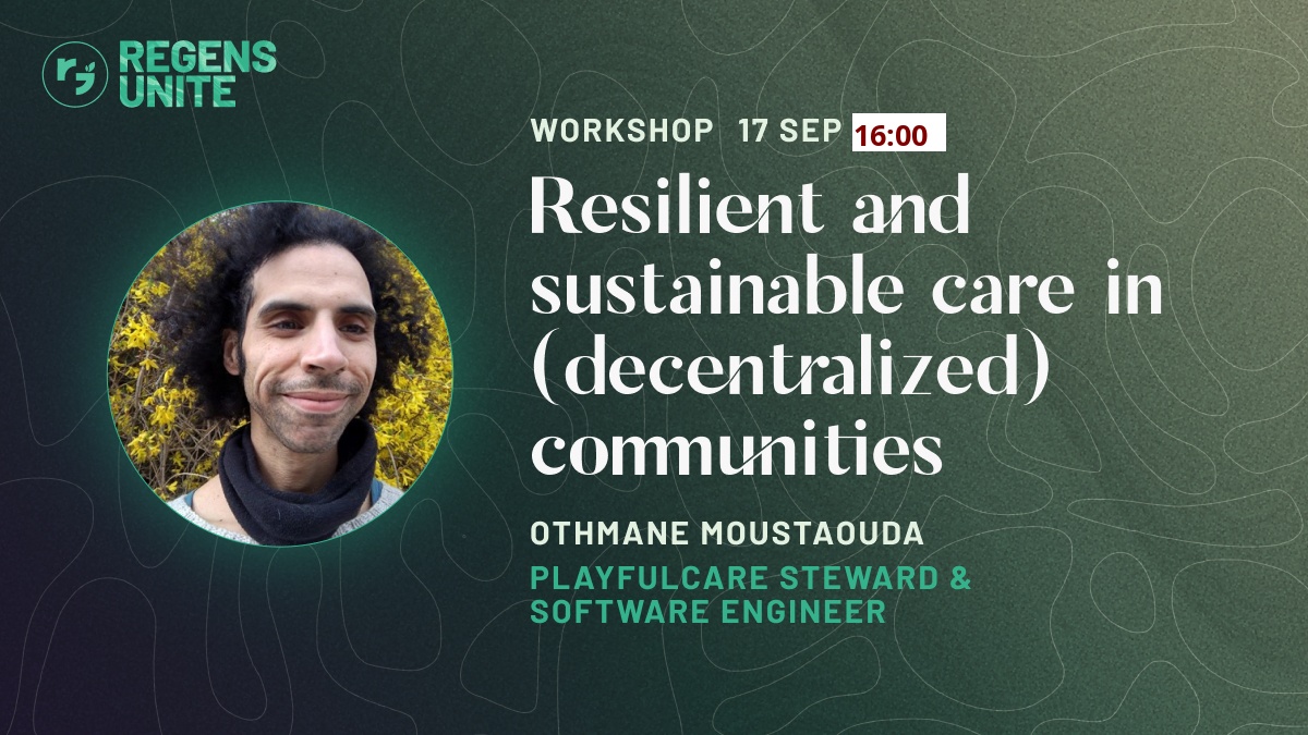 Today at <a href="/regensunite/">Regens Unite 🌱✨</a> Berlin!

We'll be exploring how Care unfolds in decentralized communities ❤️🌿

at 16:00

check the schedule here
regensunite.berlin/schedule