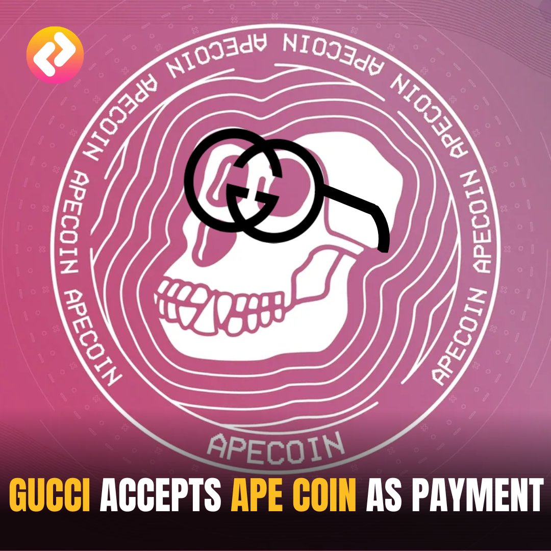 PRSProtocol's tweet photo. Gucci announced that its stores would start accepting popular coins like BTC &amp; ETH through BitPay, Which now accepts ApeCoin (APE), the expanding BAYC NFT ecosystem's token. Gucci will be the first retailer to support ApeCoin!
.
.
.
#nft #nftart #nfts #nftcommunity #nftcollector https://t.co/PxazP0wj9T