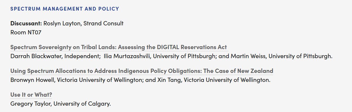 Happening now at #TPRC2022 - Spectrum Management and Policy panel incl. our research with <a href="/blackwatersoul/">Darrah Blackwater</a> &amp; <a href="/smpl5/">Martin Weiss</a> on tribal spectrum sovereignty. Excellent panel on indigenous spectrum management tprcweb.com/saturday-paper… <a href="/CGMPitt/">Center for Governance and Markets | Pitt</a> @GSPIA <a href="/PittCompSci/">Pitt Computer Science</a>