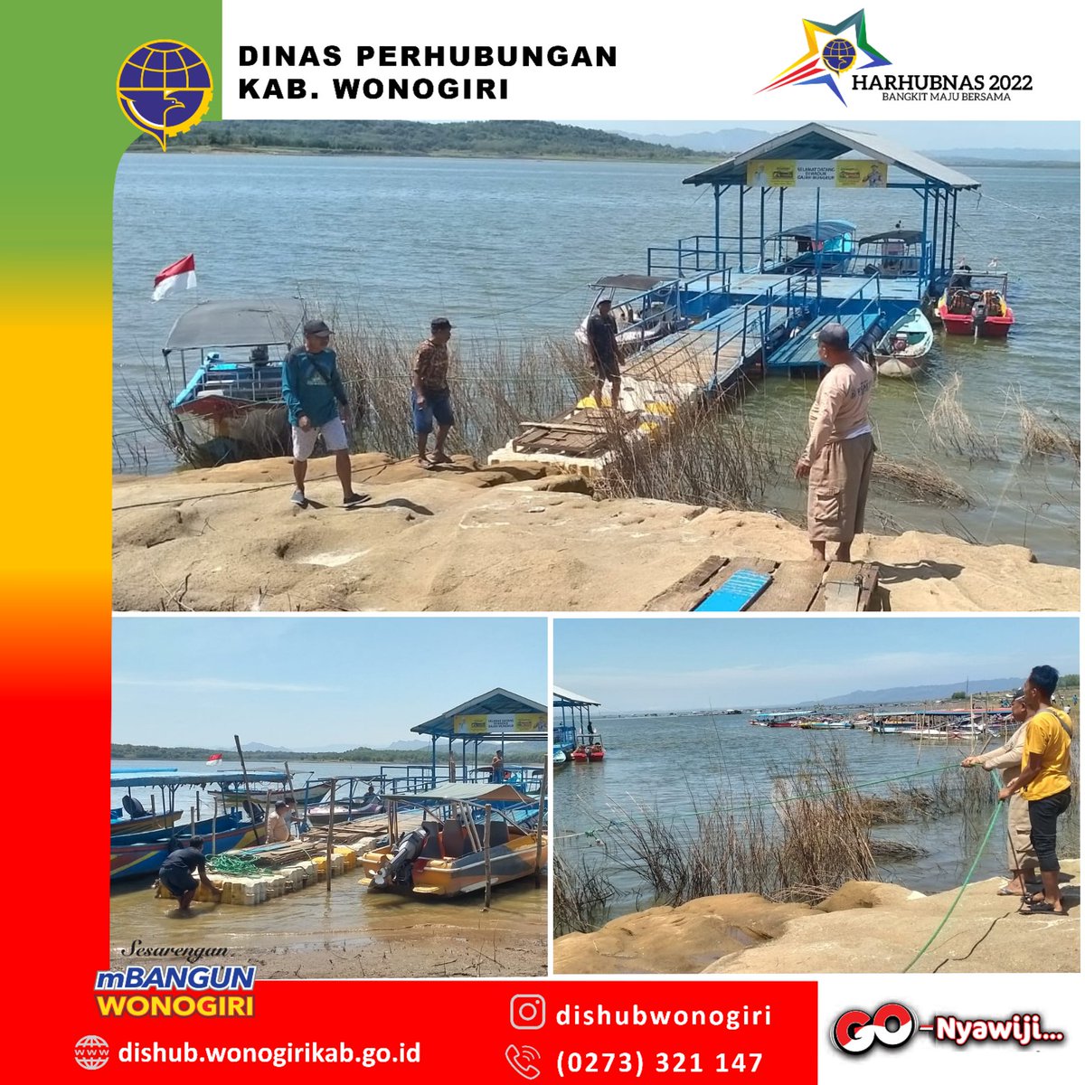 Giat penggeseran dermaga ponton, rumah kapal, gangway, jembatan ponton, perawatan kapal, serta pengecekan rambu air di Objek Wisata Waduk Gajah Mungkur oleh petugas seksi LLASDP Dishub Kab. Wonogiri. (17/9)