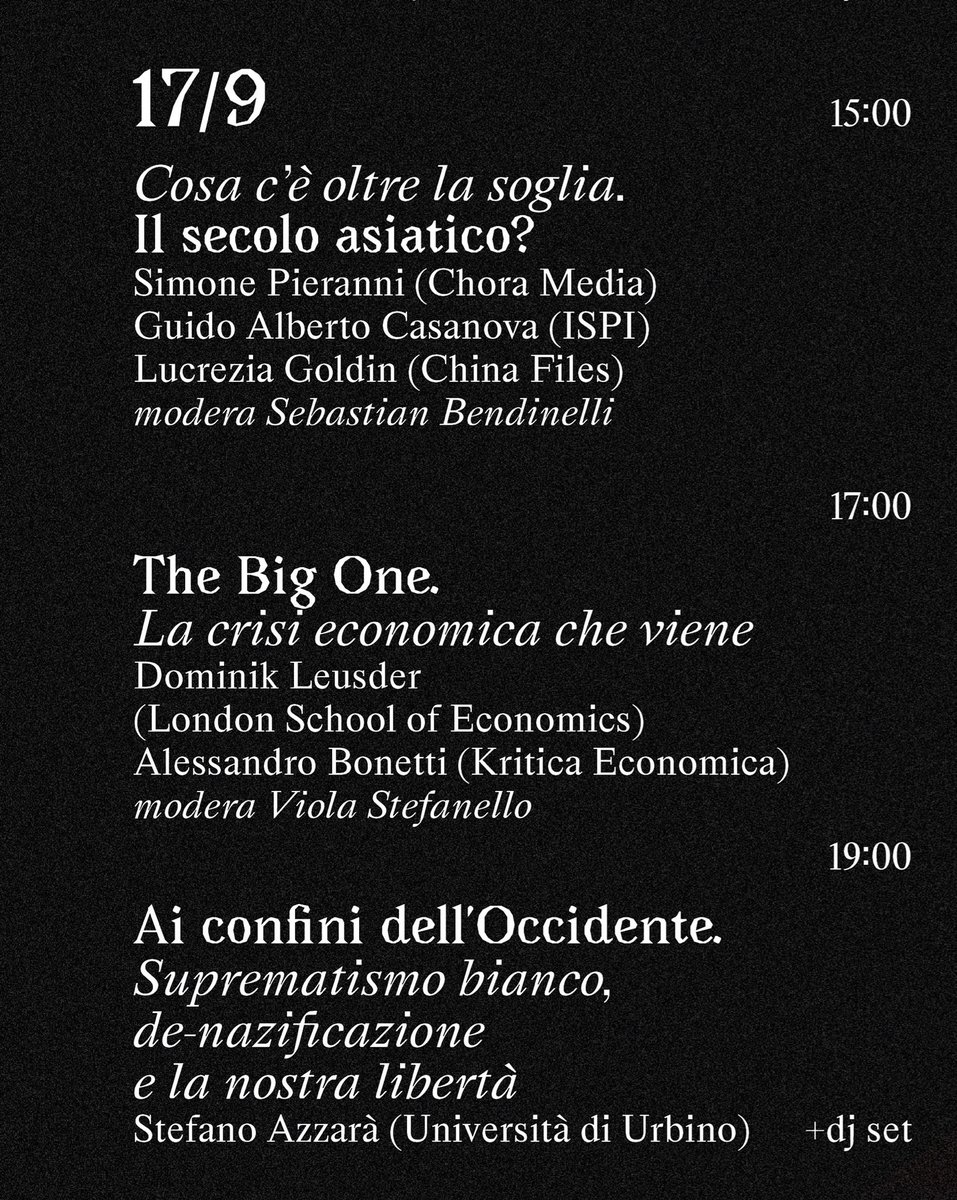 E oggi si continua: 

- alle 15 <a href="/simopieranni/">Simone Pieranni</a> <a href="/GoldinLucrezia/">Lucrezia Goldin</a> <a href="/galbcasanova/">Guido Alberto Casanova</a> 

- alle 17 <a href="/BrettonWooder/">Alessandro Bonetti</a> <a href="/NewLeftEViews/">New Left EViews</a> 

- alle 19 Stefano Azzarà