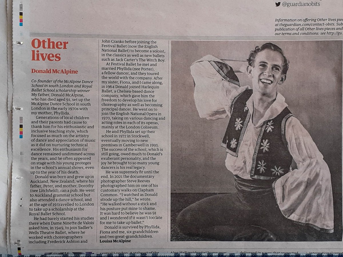 My daughter had ballet lessons at the McAlpine Dance School for many years. Arriving to pick her up early often meant a chat with with the lovely Donald McAlpine. A life very well lived, recounted here by his daughter <a href="/LouisaMcAlpine1/">McAlpine Dance</a> in today's Guardian.