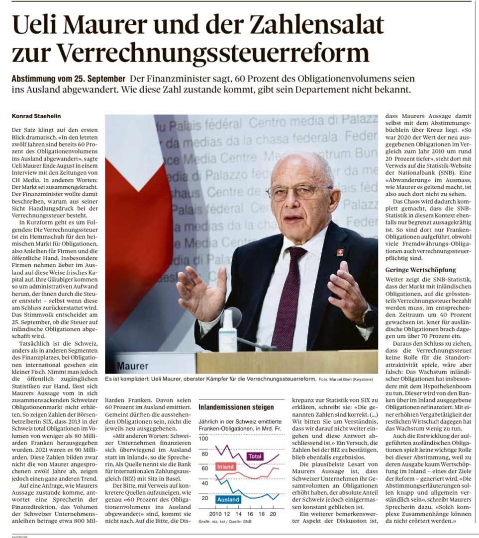 Abstimmungskampf ist, wenn der Finanzminister mit Falschaussagen Stimmung macht. 

Wenn CH-Unternehmen 60% der Anleihen im Ausland emittieren, heisst das nicht, dass der Anteil abgewandert ist. Warum sollte sich z. B. Nestlé in CHF verschulden, um in den USA eine Fabrik zu bauen?