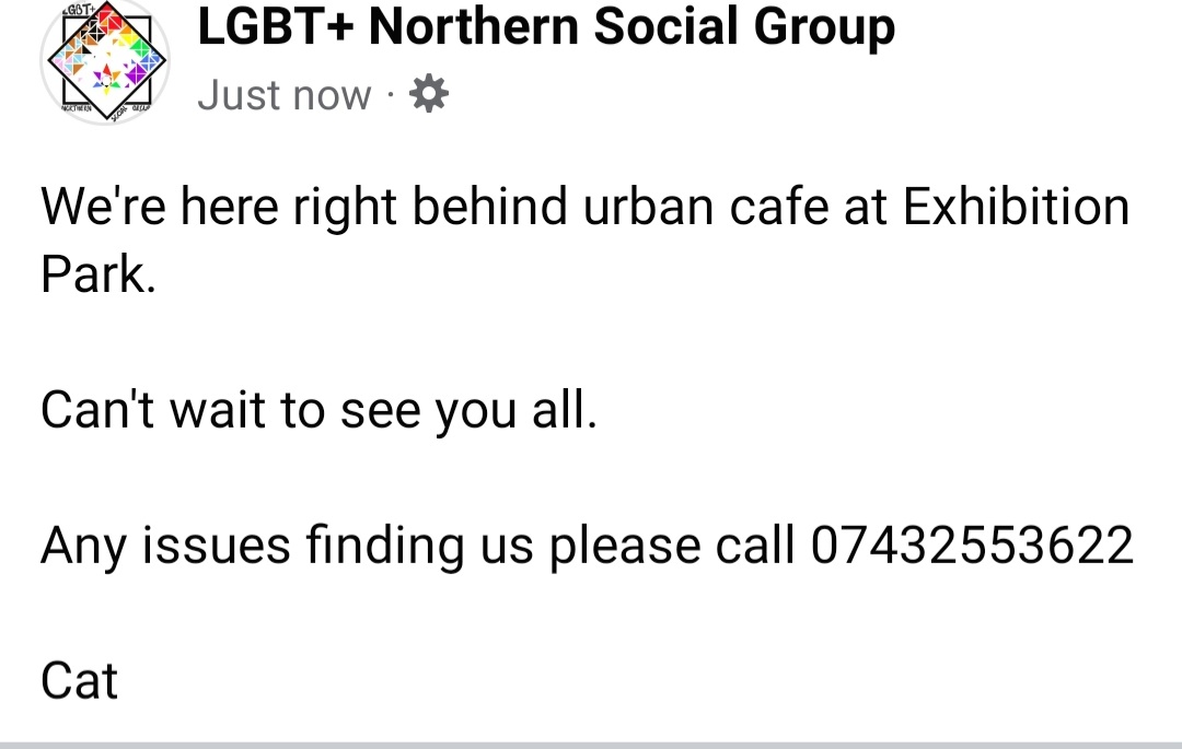LGBTNSG's tweet photo. We're here right behind urban cafe at Exhibition Park.

Can't wait to see you all.

Any issues finding us please call 07432553622

Cat https://t.co/URGY9IpSxy
