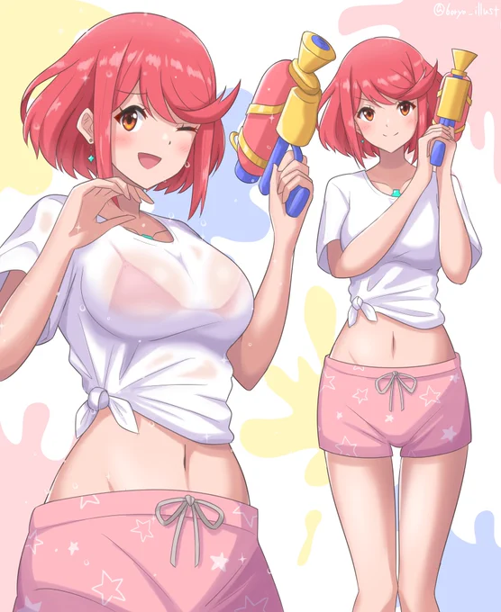 水鉄砲でスプラトゥーンごっこをするホムラちゃん 