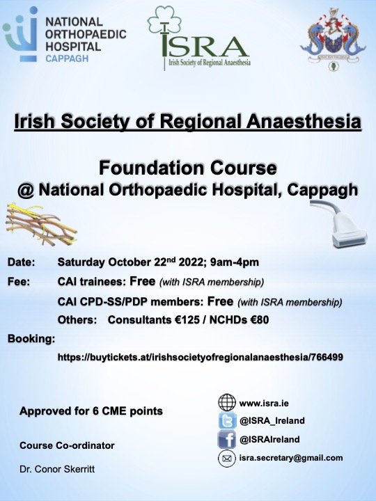 I'm really pleased to announce our second ISRA Foundation Course of 2022, at the National Orthopaedic Hospital, Cappagh.  Saturday October 22nd.  Places are limited so book now to avoid disappointment!