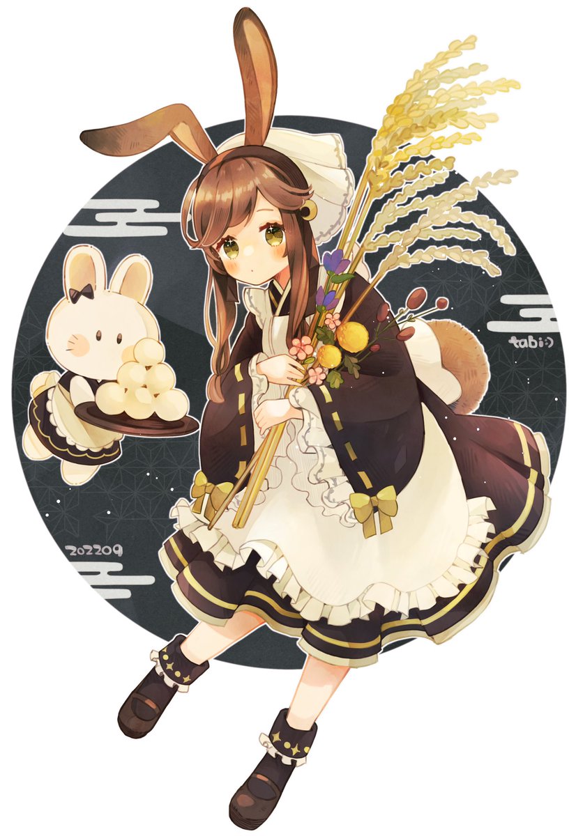 1girl brown hair animal ears apron rabbit ears holding white apron  illustration images