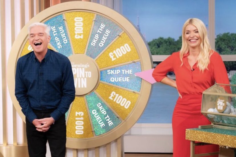 IndeedItsMark's tweet photo. After the debacle of #EnergyBills being a prize on #SpinToWin. #HollyWilloughby and #PhilipScofield up the stakes…

#ThisMorning #jumpthequeue #queueforthequeue #QueueForTheQueen #skipthequeue https://t.co/pZM0YmKEdS