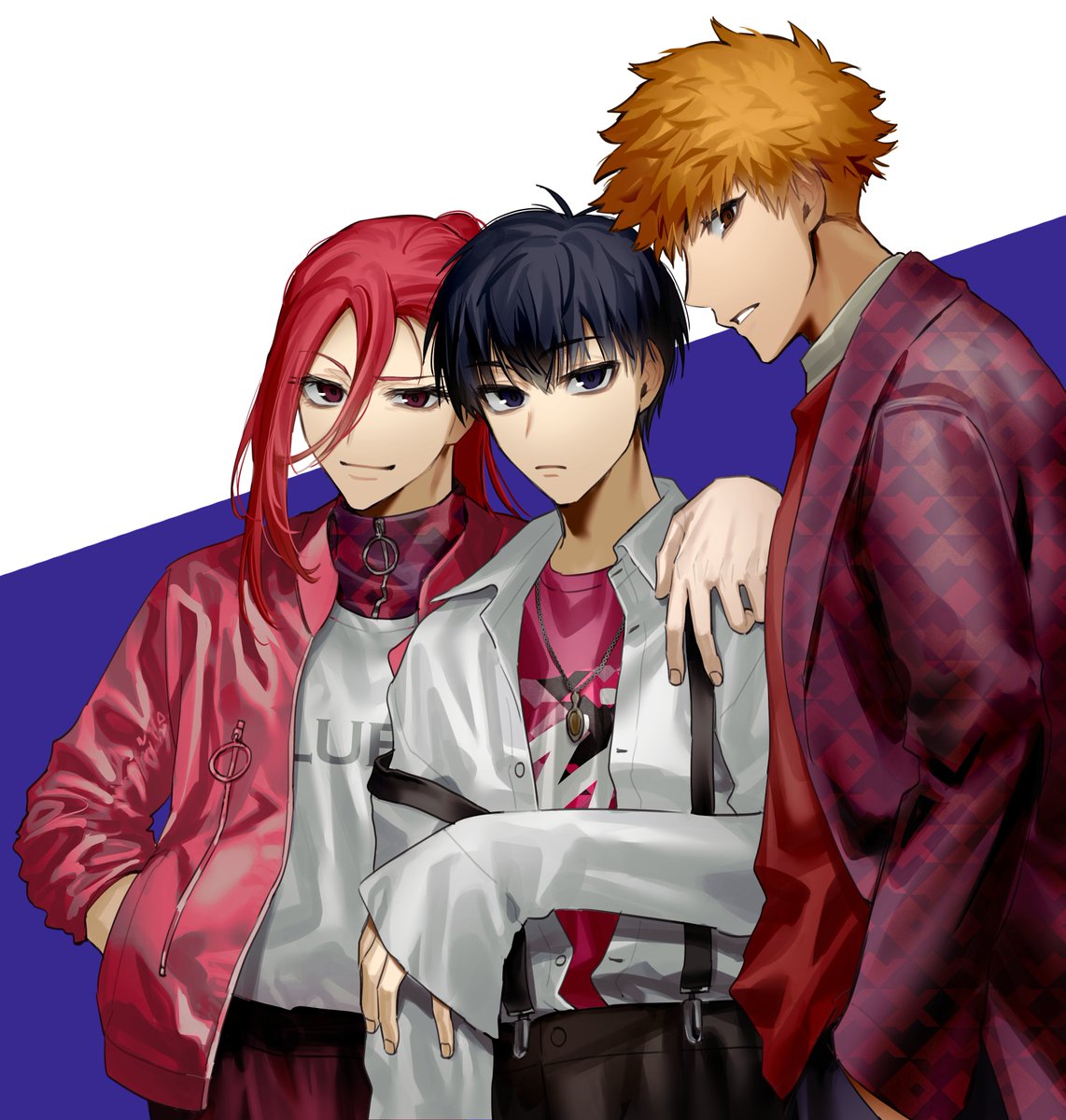 multiple boys red hair jacket shirt looking at viewer 3boys black hair  illustration images