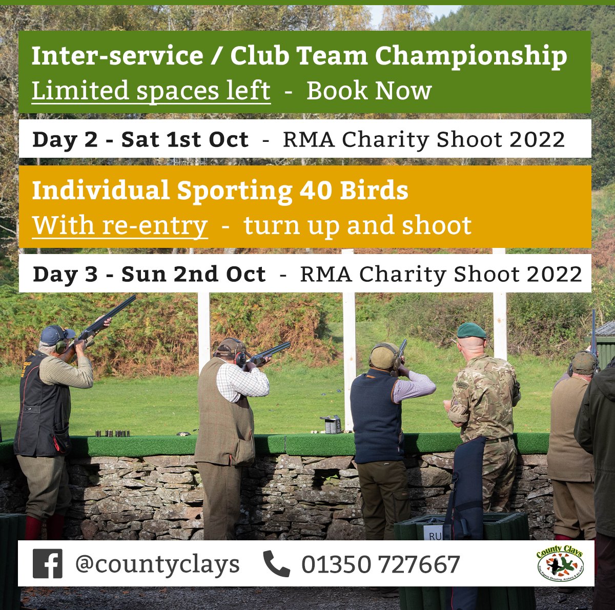 Countyclays's tweet photo. County Clays have the pleasure of hosting the RMA Charity Shoot 2022.
Day 2 (Sat 01 Oct) - Inter-service / Club Team Championship - register visit: https://t.co/joqj12MMkf
Day 3 (Sun 02 Oct) - Individual Sporting 40 Bird Shoot with re-entry.
#claypigeon #rmacharity #shooting https://t.co/9RtkBFCZHE