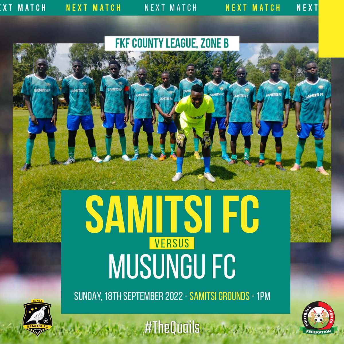 bramwelkaramoja's tweet photo. FKF County League, Western Zone B. Samitsi FC vs Musungu FC. Tomorrow, Sunday 18th Sep. 1PM at Samitsi Grounds. All the best Boys ⚽

#TheQuails #SamitsiFC #football #ForTheLoveOfTheGame #aBoyFromKakamega https://t.co/Gf0iZSWNjU