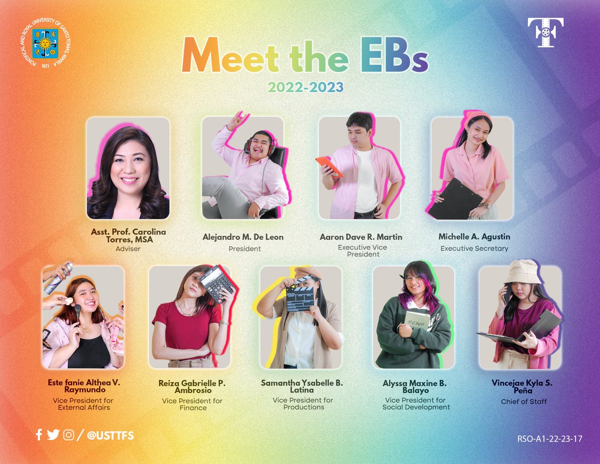 USTTFS's tweet photo. The Thomasian Film Society would like to introduce our organization adviser and Executive Board officers for the academic year 2022-2023.
#TFS9
#ThomasianFilmSociety
--
RSO-A1-22-23-17 https://t.co/xzQwFC1i7j