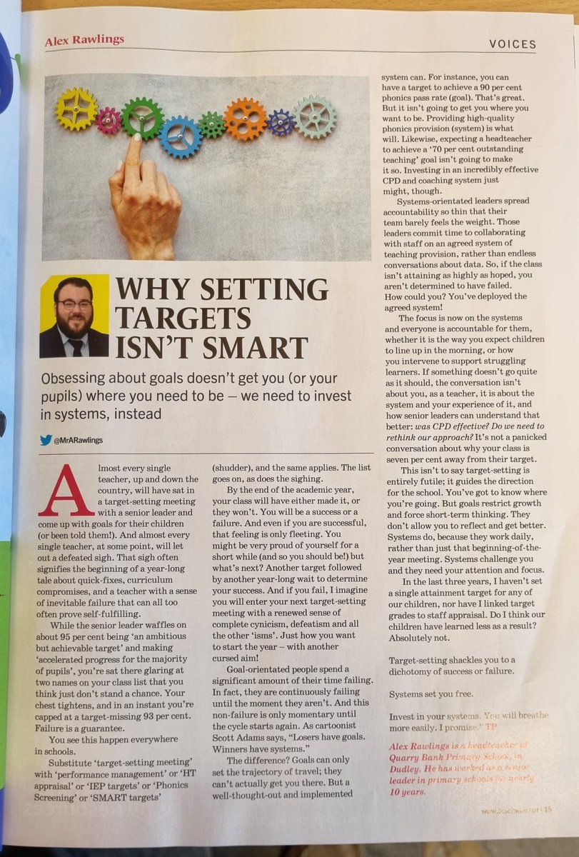 MrARawlings's tweet photo. As 'target-setting season' approaches - worth thinking about where the focus should be. Do chn/staff really need targets?! I don't think so!

Thanks @TeachPrimary for asking me to write an op-ed - nice to see your thoughts in print! https://t.co/u3fhi9v6LM