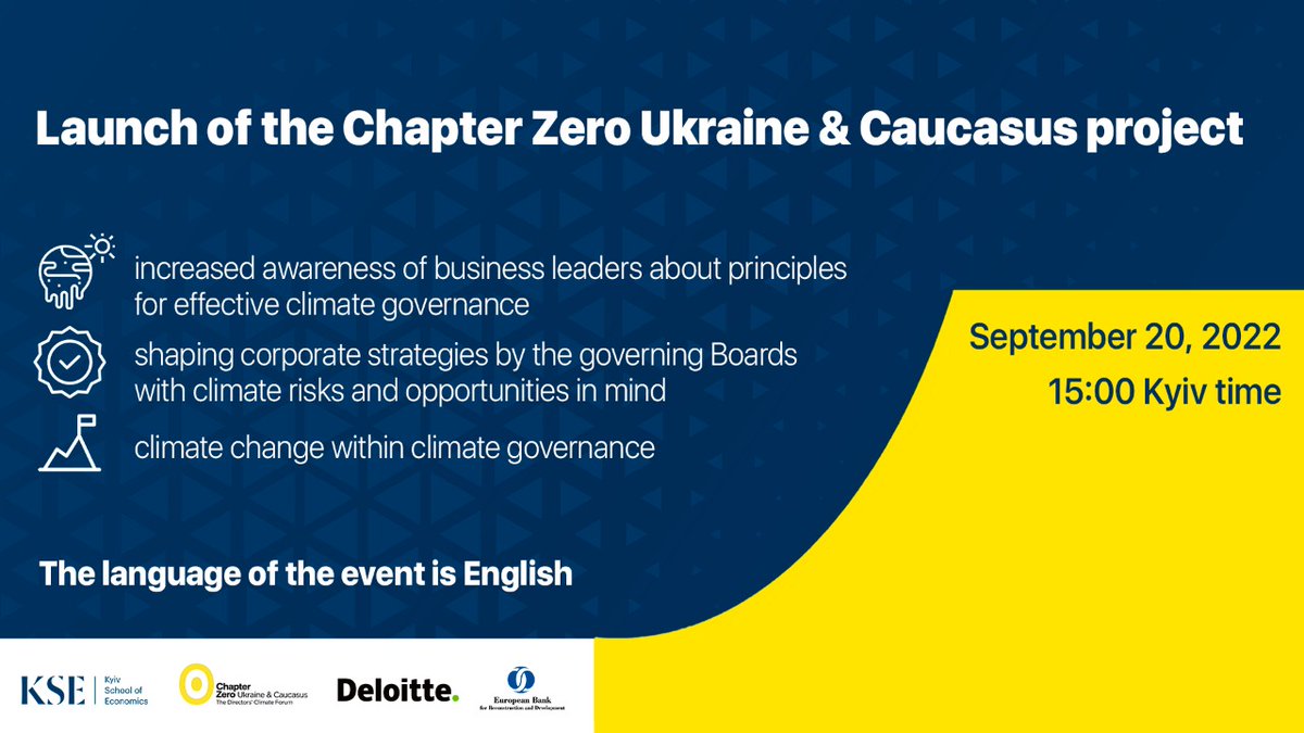 KSE invites you to the launch of the Chapter Zero Ukraine & Caucasus project. For directors, members of the Board of Directors and CEO from Ukraine, Georgia and Armenia September 20, 2022 at 15:00 (GMT+3) Participation is limited. Registration:cutt.ly/rC8Zs3M