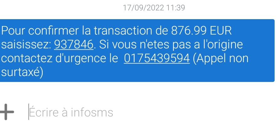 elfes's tweet photo. Attention ⚠ #arnaque en cours par sms. Essaye de vous faire croire qu'un important achat est en cours pour vous faire réagir. Leur but c'est que vous appeliez pour vous piéger ensuite. Ne pas répondre.! Ignorez ce message et prévenez vos proches. #infosec #scam #smishing https://t.co/cE1u7aVeHq