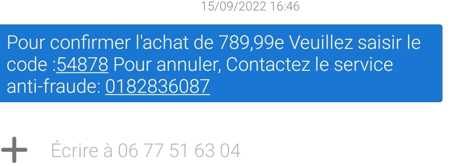 elfes's tweet photo. Attention ⚠ #arnaque en cours par sms. Essaye de vous faire croire qu'un important achat est en cours pour vous faire réagir. Leur but c'est que vous appeliez pour vous piéger ensuite. Ne pas répondre.! Ignorez ce message et prévenez vos proches. #infosec #scam #smishing https://t.co/cE1u7aVeHq