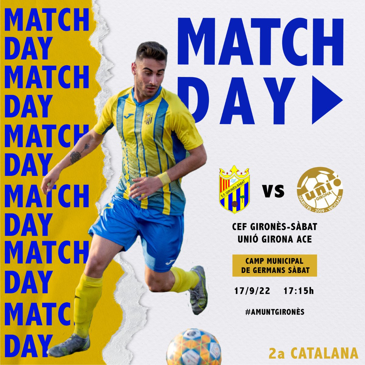 cefgironessabat's tweet photo. Avui es disputarà a casa el primer partit de lliga del 2a Catalana contra @uniogironaace a les 17:15h. Us esperem a tots al municipal! #2aCatalana 💪 ⚽

🗓️ Dissabte 17 de Setembre

🆚 @uniogironaace 
📍 Camp Municipal del Gironès-Sàbat
🕒 17:15h

#AmuntGirones #cefgs 🇺🇦 https://t.co/F9ADaAepTf