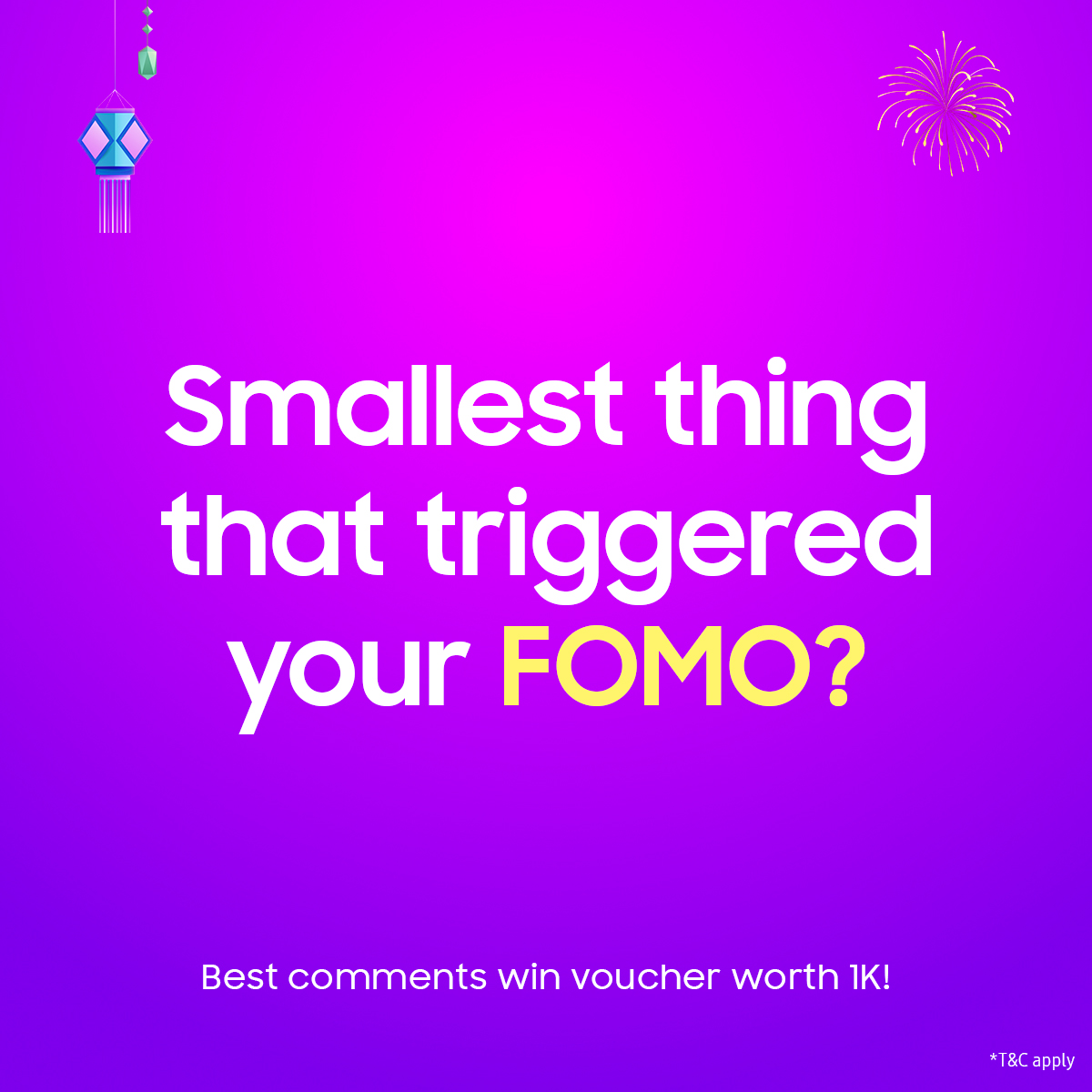 SamsungIndia's tweet photo. The fear of missing out is real and we know it. Tell us what triggers this feeling for you and stand a chance to win vouchers worth ₹ 1K! 
We await your unique FOMO stories. T&amp;C apply. https://t.co/rJocpGSQaj
#NoMoFOMO #SamsungShop #FestiveSale #Samsung https://t.co/3uXqh3quzn