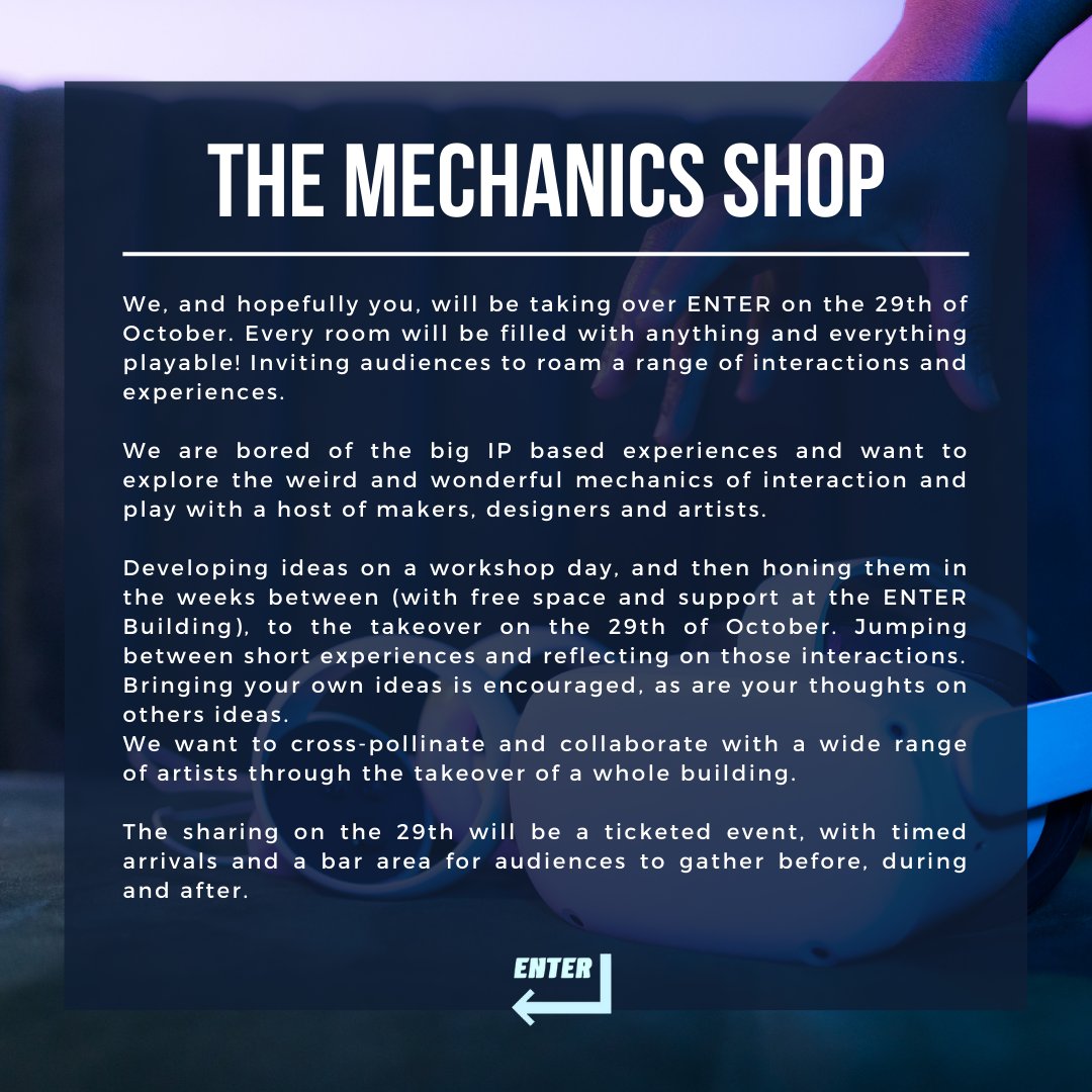 Enter_theVenue's tweet image. The Mechanics Shop - an ENTER Takeover 

Calling all theatre-makers, storytellers and artists.