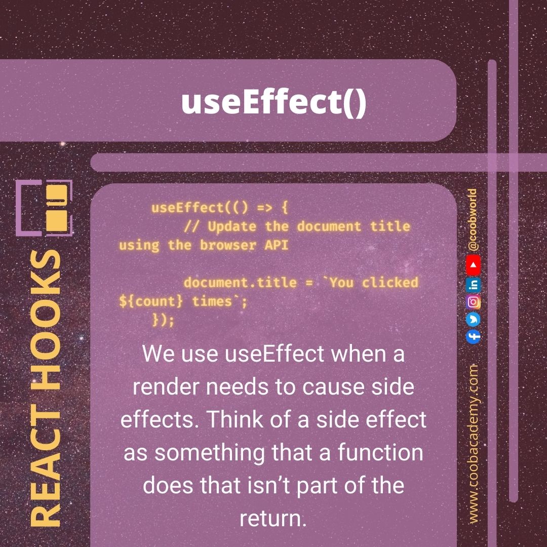 COOBworld's tweet photo. React Hooks | Quick Guide
Read the full article on:

https://t.co/NlOf82IBvg

#javascript #ReactJS #angularjs #VueJS #canvasapi #stylesheet #programming #LearnProgramming #coding #development #backend #frontenddevelopment #webdeveloper #webdevelopment #100DaysOfCode https://t.co/UMi5w2rUOP