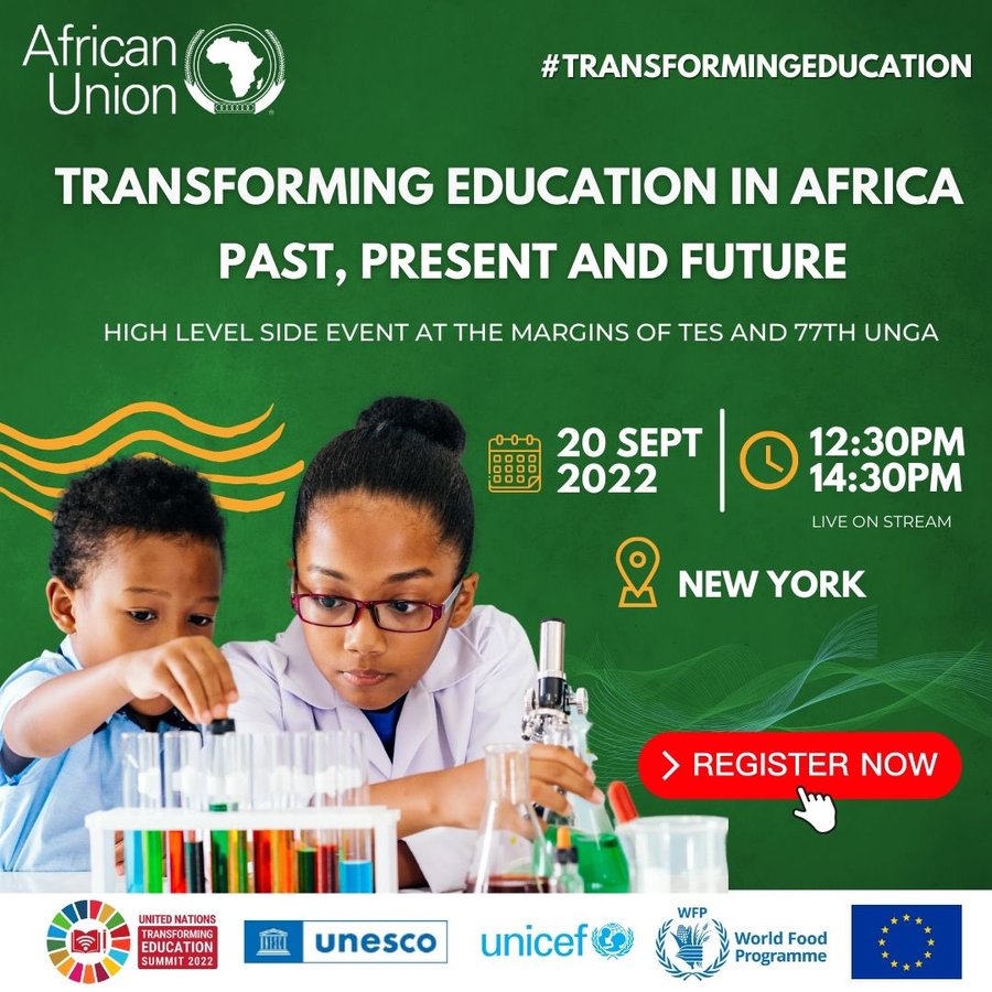 AUCEducation's tweet photo. How to transform education in Africa? 
Mark your calendar for a historic event on the margins of the Transforming Education Summit. #TransformingEducation #COVID19 #UNGA77 @he_belhocine https://t.co/3rb3ZjegH4